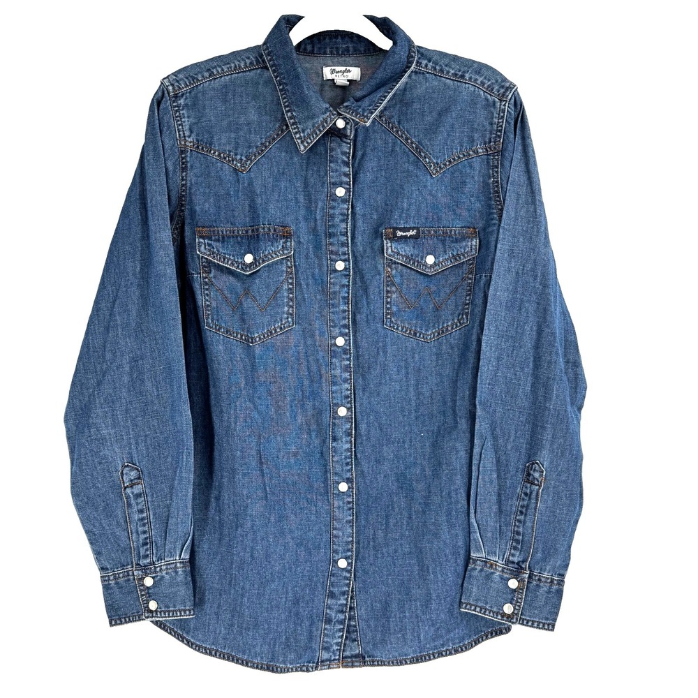 Wrangler Retro Denim Chambray Pearl Snap Shirt Women's Large Western Rodeo Ranch - Picture 2 of 10